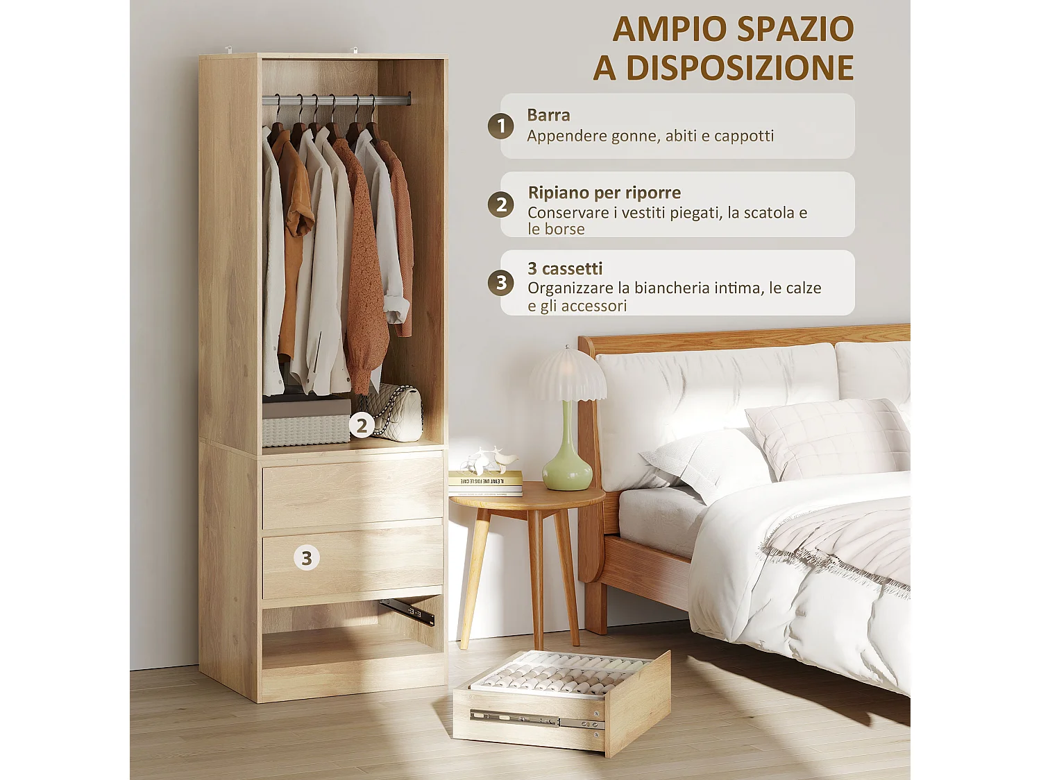 Armadio guardaroba con asta, ripiano aperto e 3 cassetti color teak