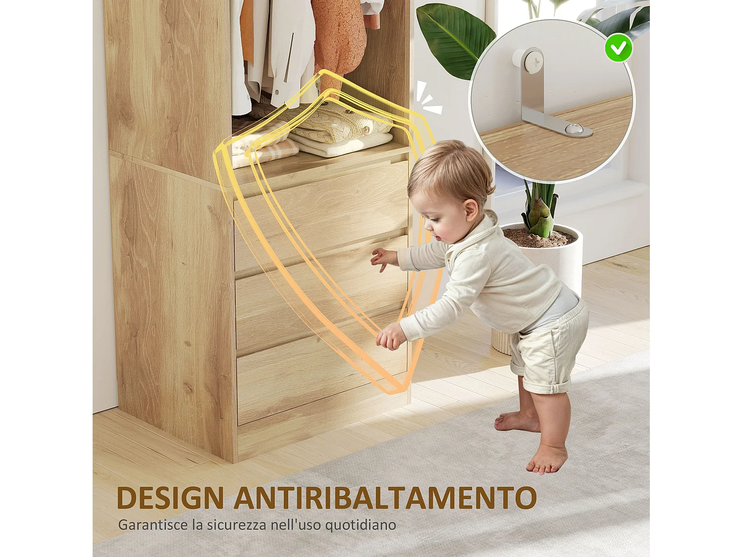 Armadio guardaroba con asta, ripiano aperto e 3 cassetti color teak