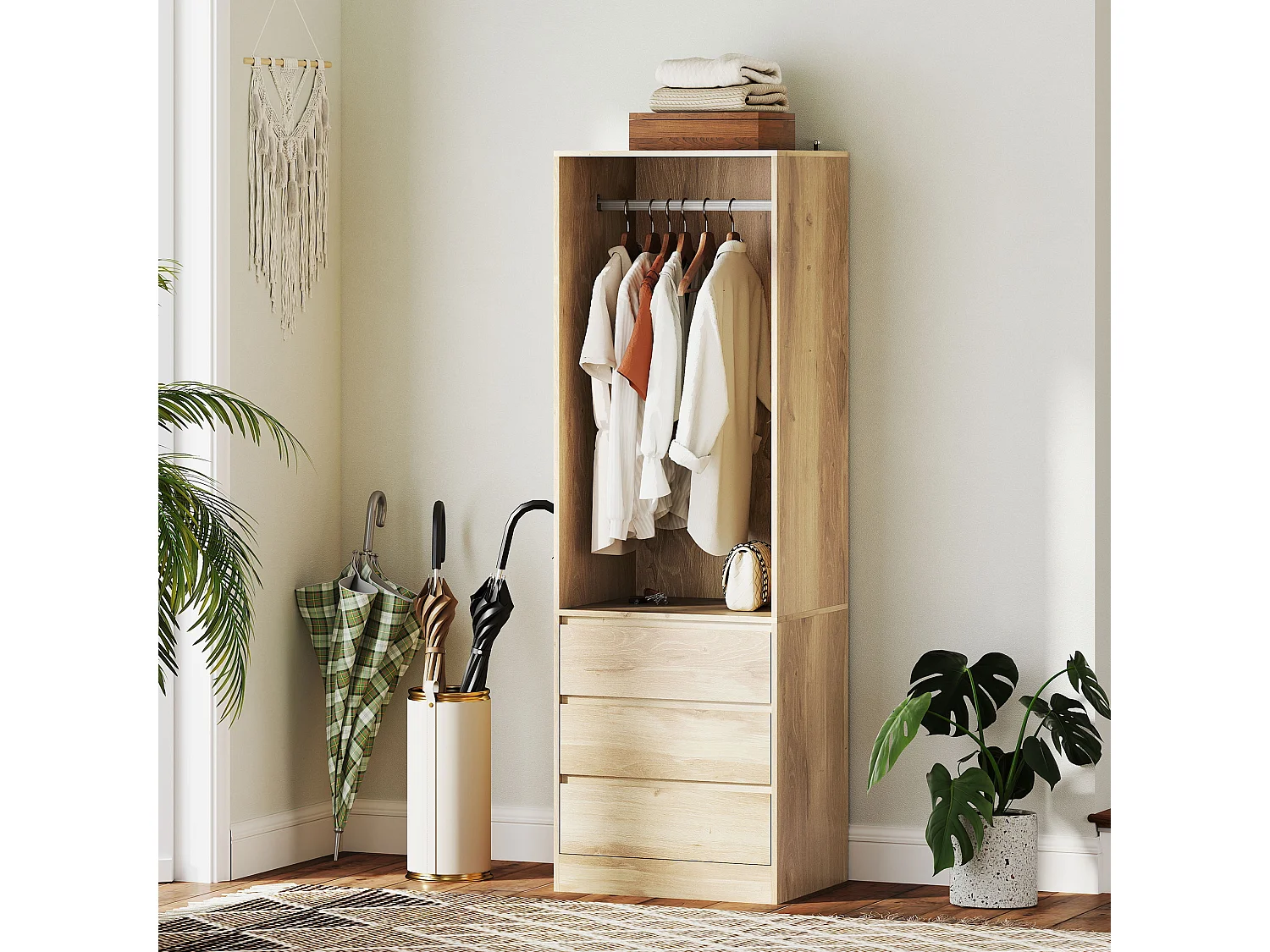 Armadio guardaroba con asta, ripiano aperto e 3 cassetti color teak