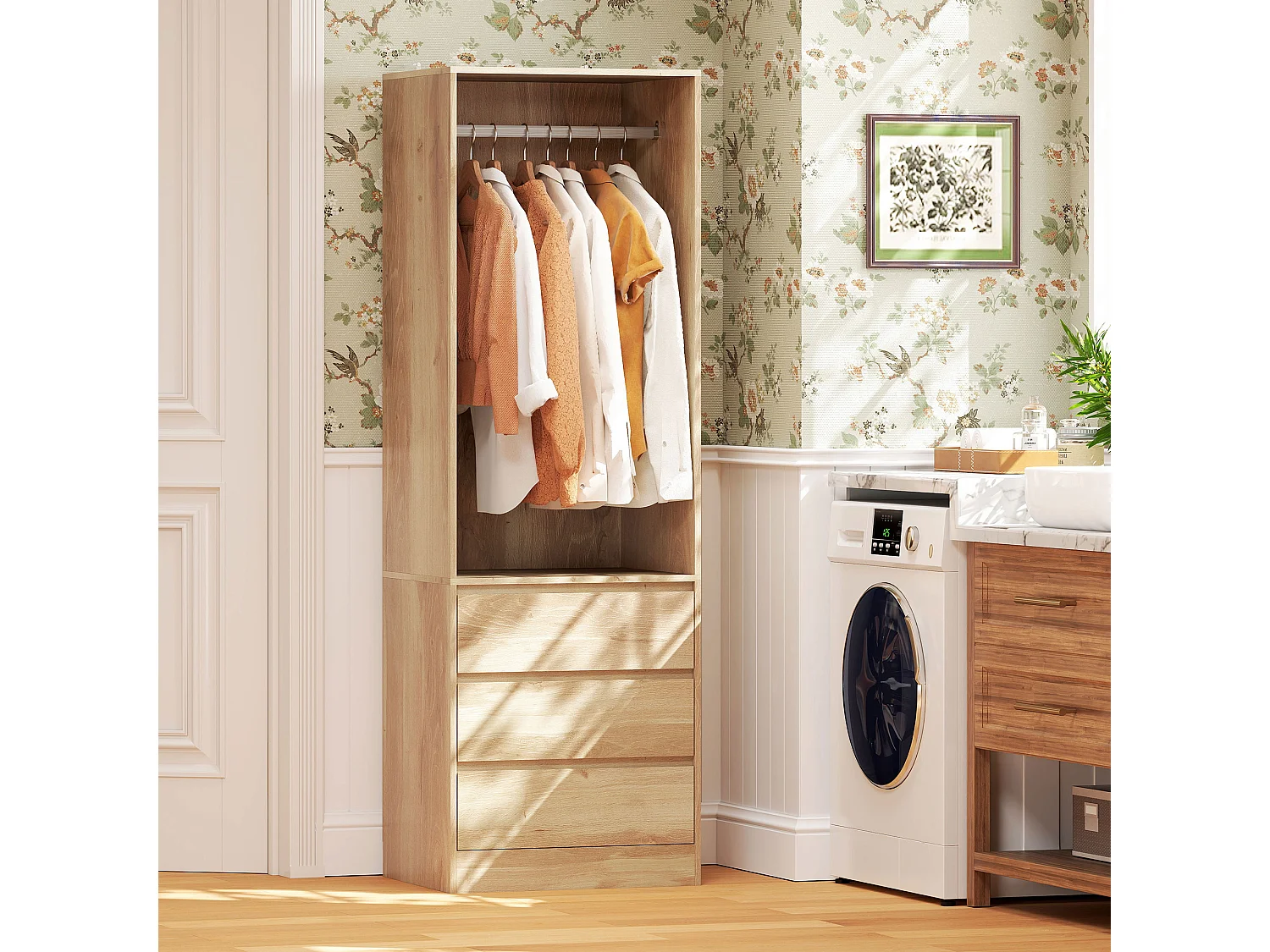 Armadio guardaroba con asta, ripiano aperto e 3 cassetti color teak