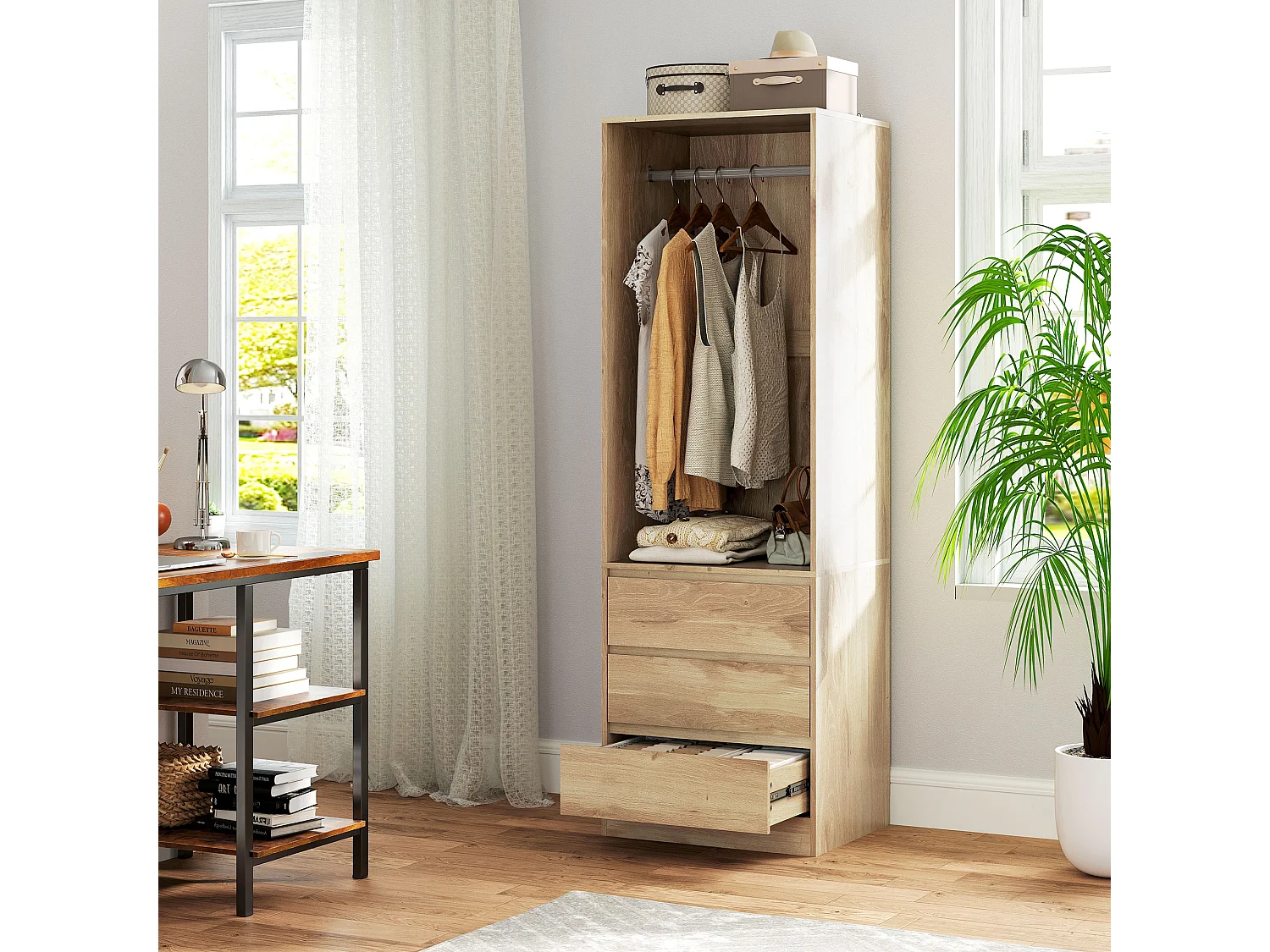 Armadio guardaroba con asta, ripiano aperto e 3 cassetti color teak