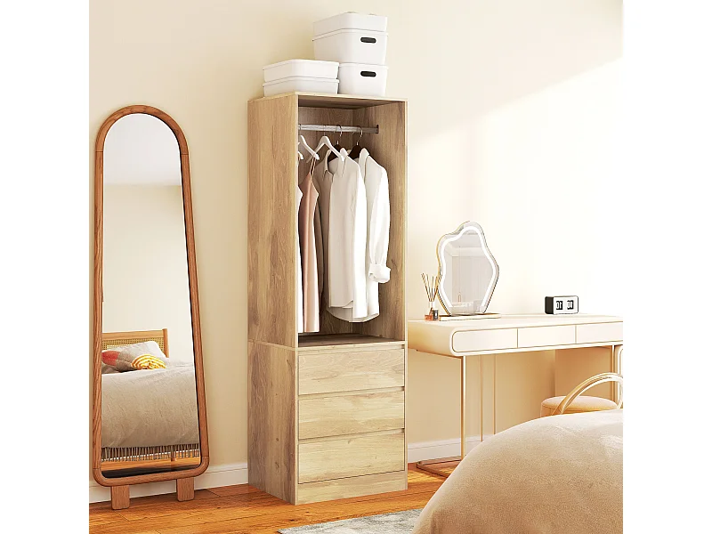 Armadio guardaroba con asta, ripiano aperto e 3 cassetti color teak