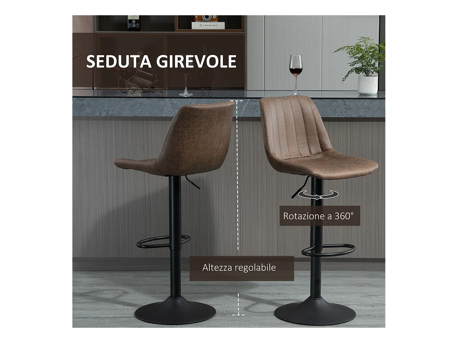 Set di 2 sgabelli da bar con schienale e altezza regolabile