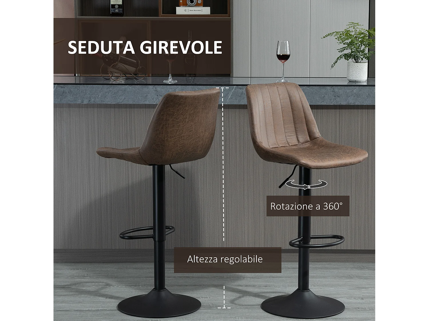 Set di 2 sgabelli da bar con schienale e altezza regolabile