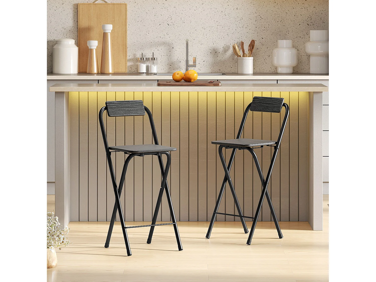 Set 2 sgabelli da bar pieghevoli con poggiapiedi in mdf e acciaio nero