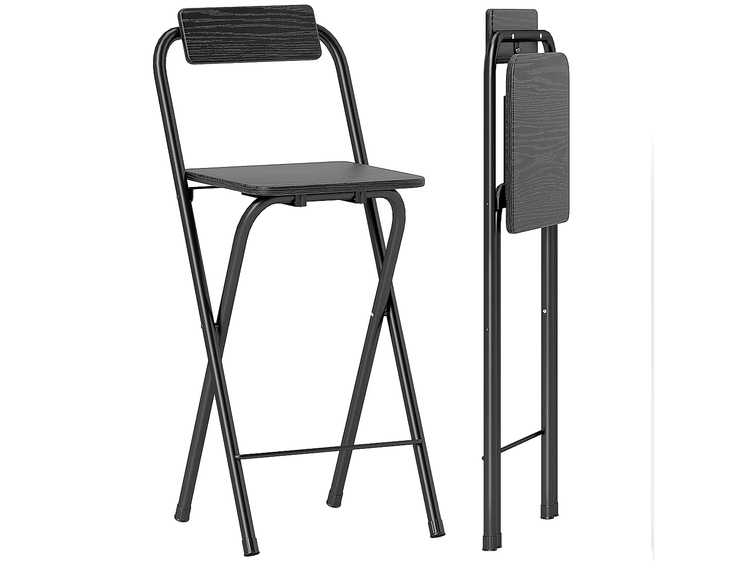 Set 2 sgabelli da bar pieghevoli con poggiapiedi in mdf e acciaio nero