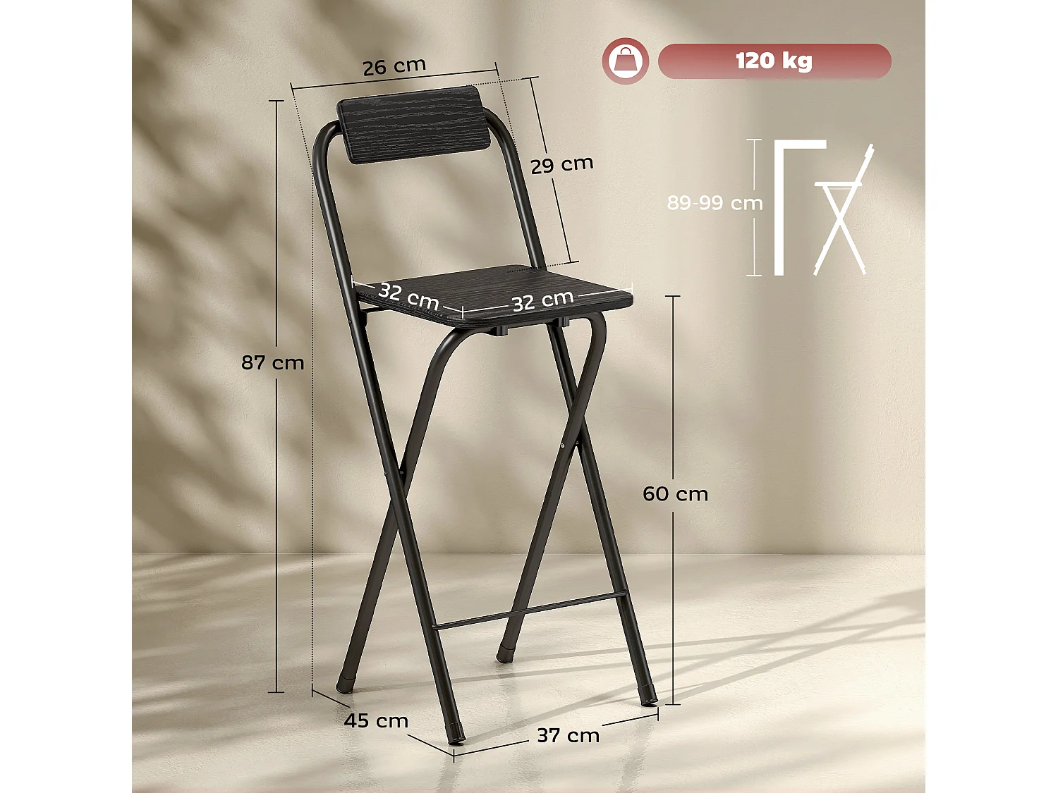 Set 2 sgabelli da bar pieghevoli con poggiapiedi in mdf e acciaio nero