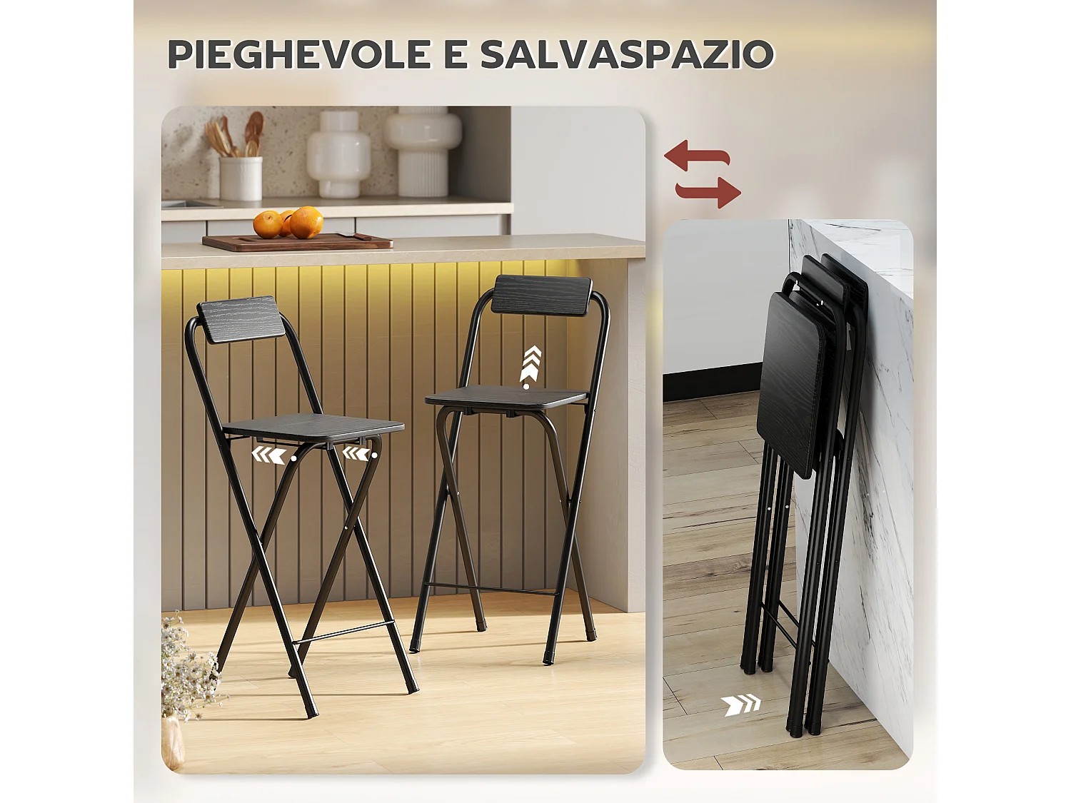 Set 2 sgabelli da bar pieghevoli con poggiapiedi in mdf e acciaio nero