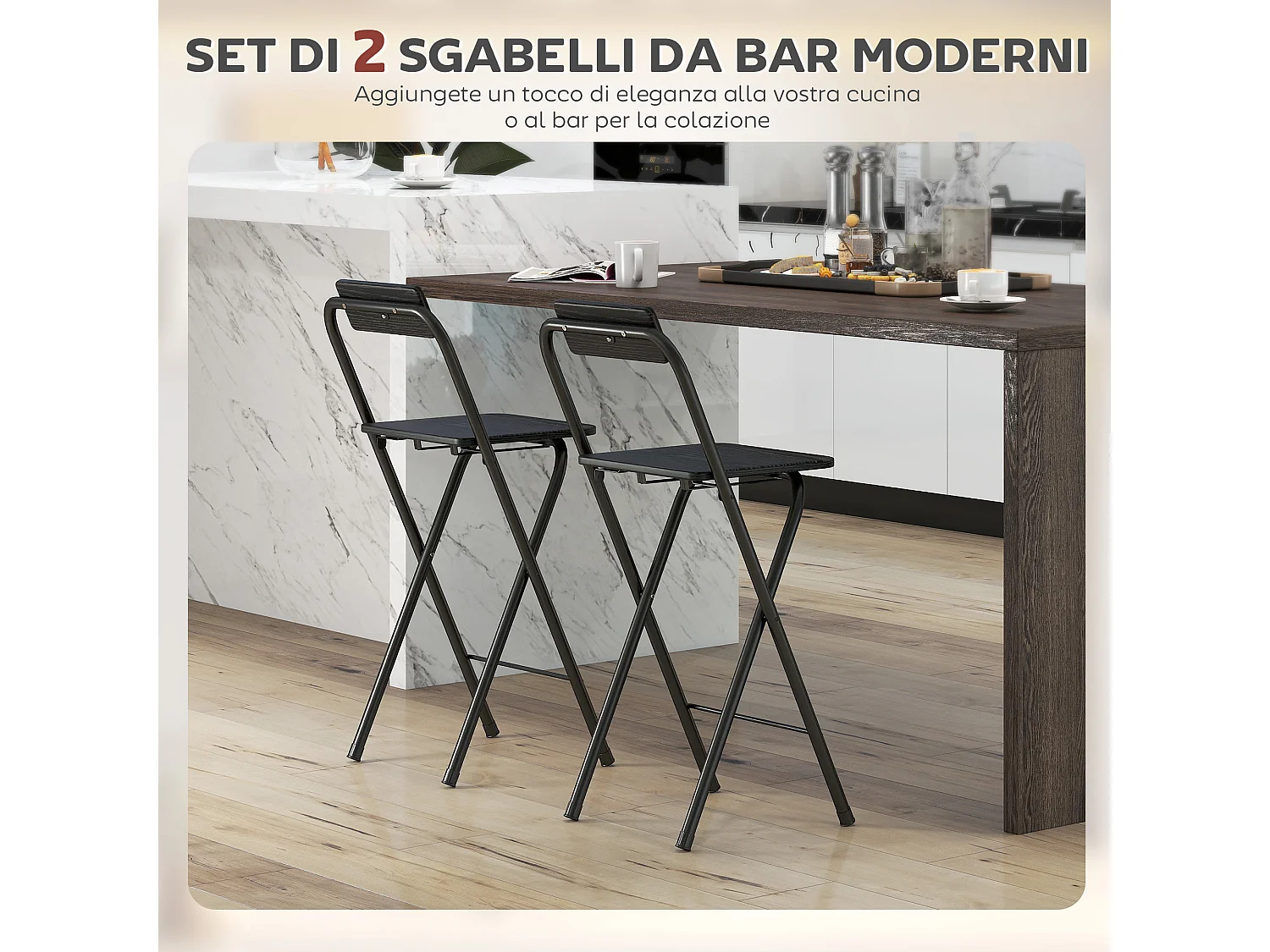 Set 2 sgabelli da bar pieghevoli con poggiapiedi in mdf e acciaio nero