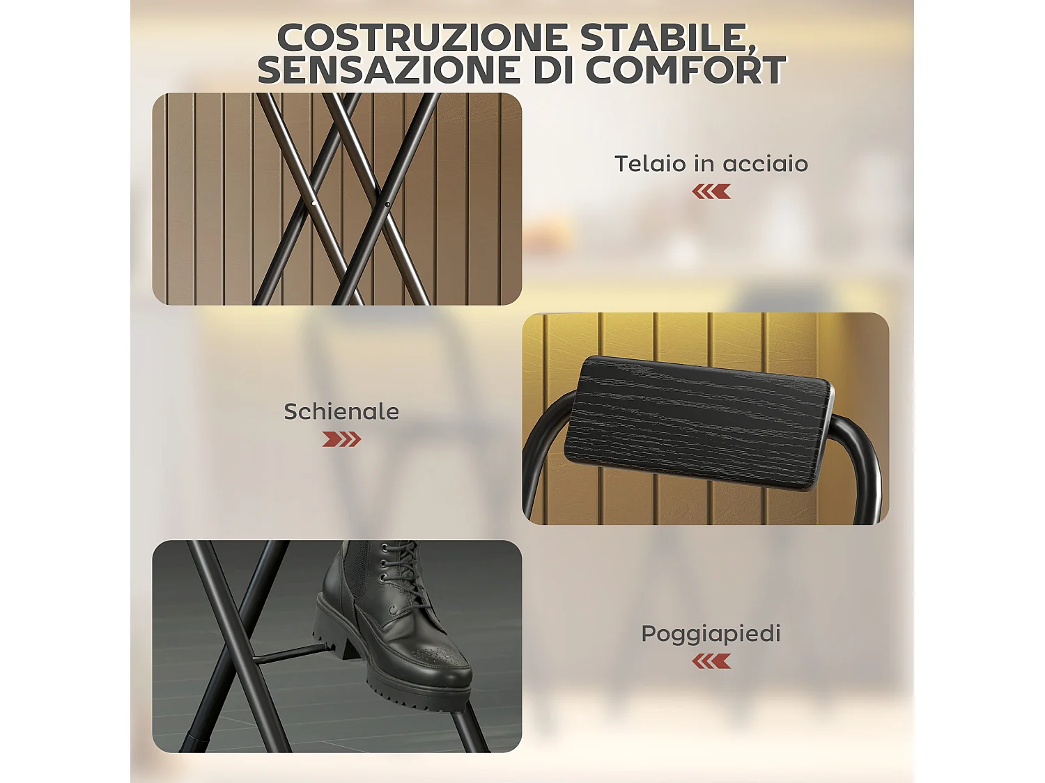 Set 2 sgabelli da bar pieghevoli con poggiapiedi in mdf e acciaio nero