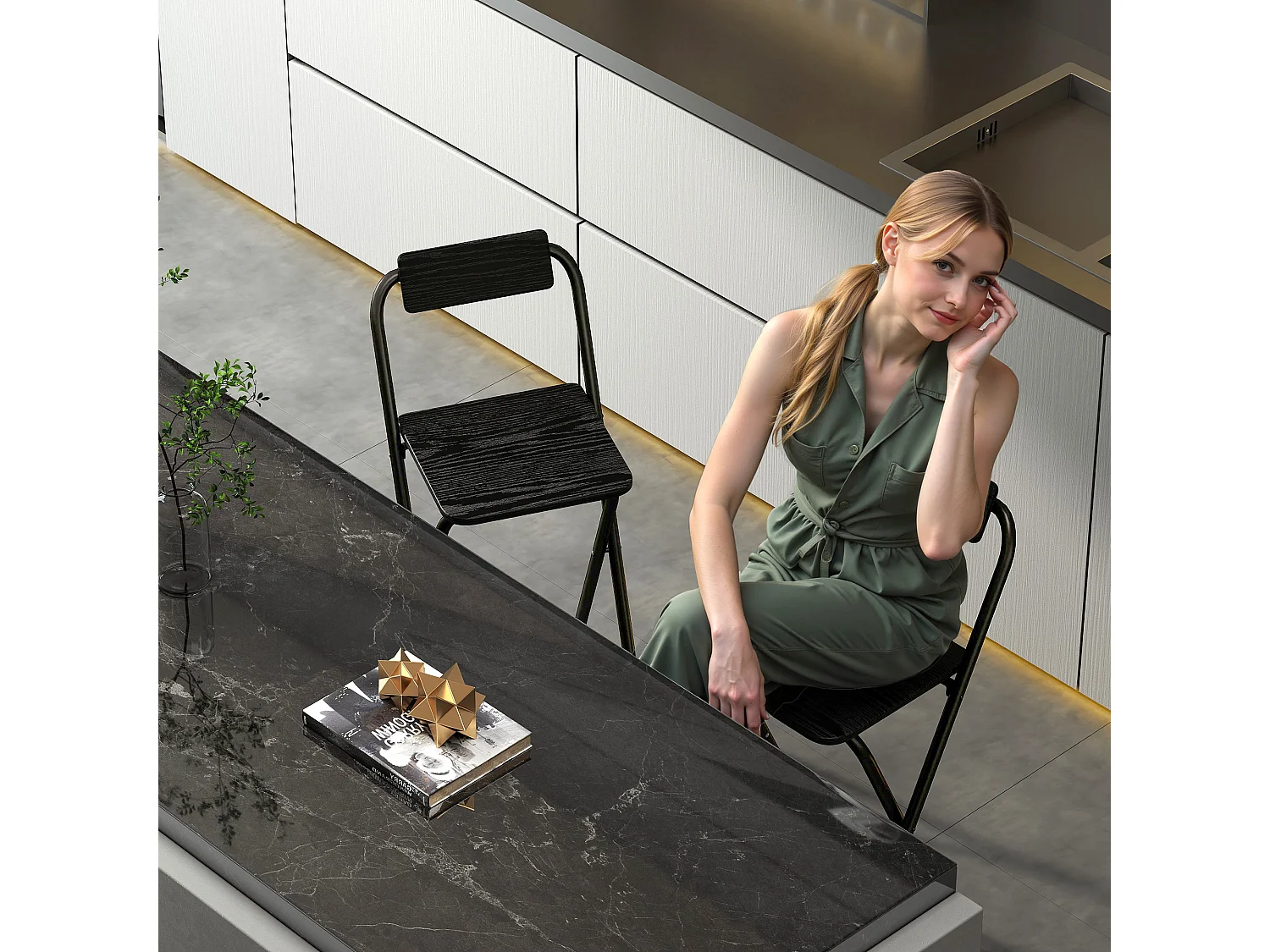 Set 2 sgabelli da bar pieghevoli con poggiapiedi in mdf e acciaio nero