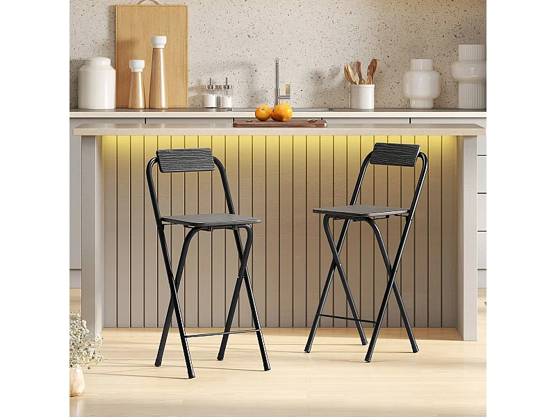 Set 2 sgabelli da bar pieghevoli con poggiapiedi in mdf e acciaio nero