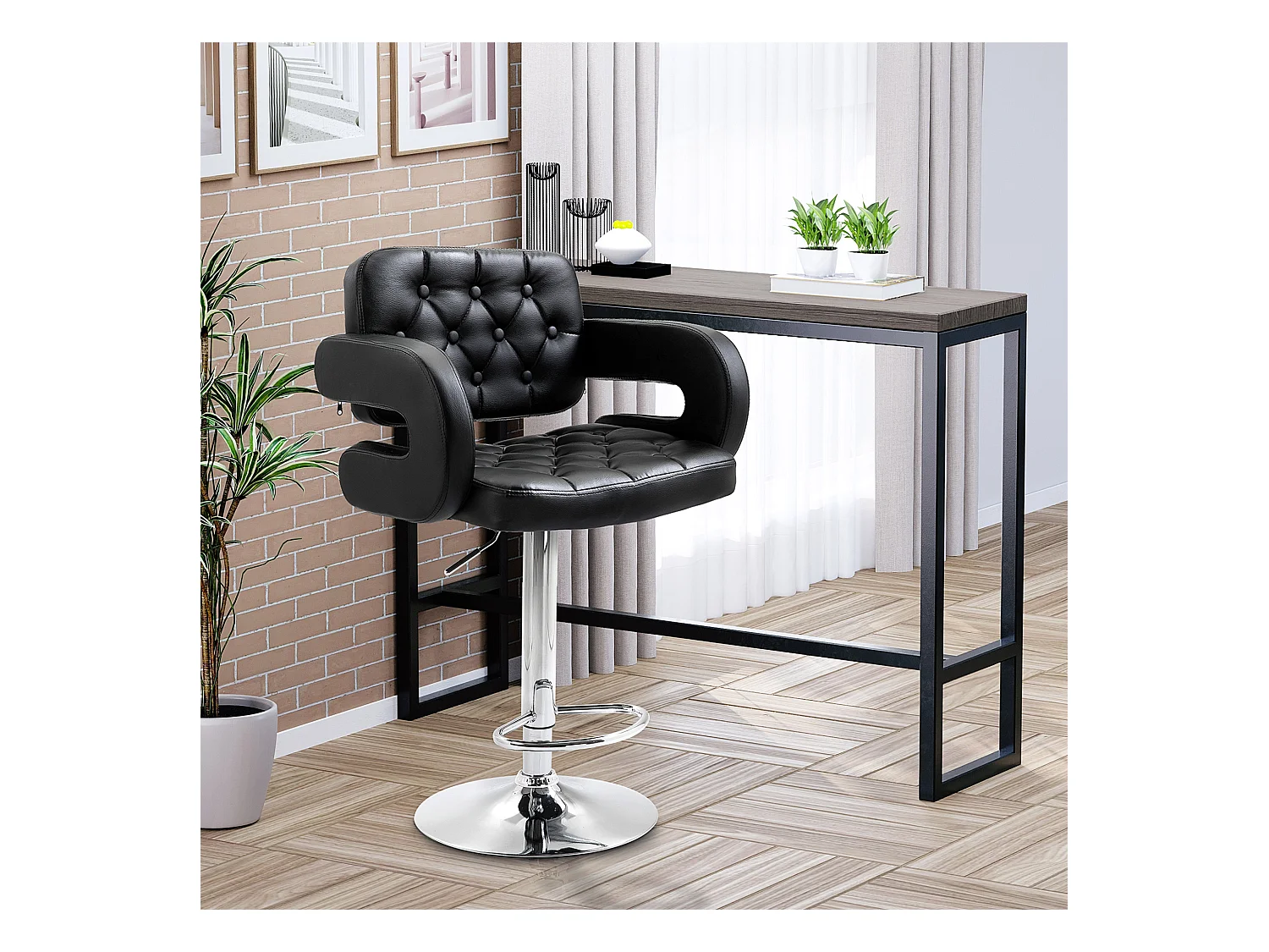 Sgabello da bar con braccioli e schienale in finta pelle nera