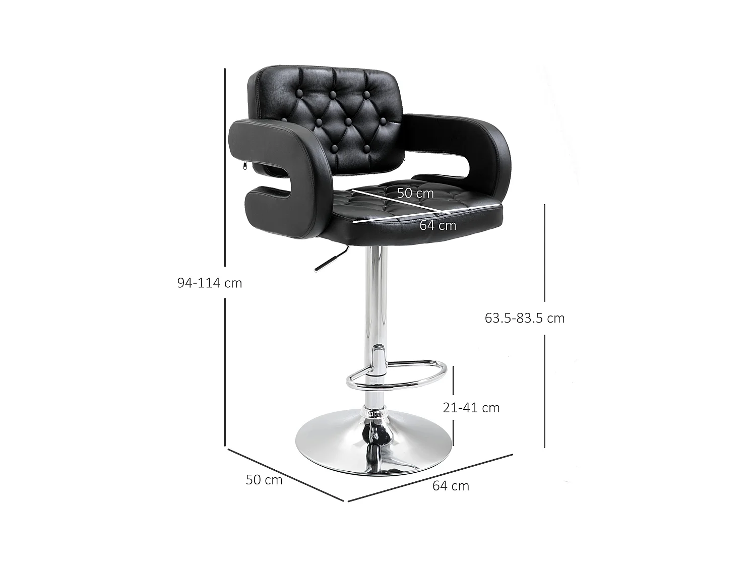 Sgabello da bar con braccioli e schienale in finta pelle nera