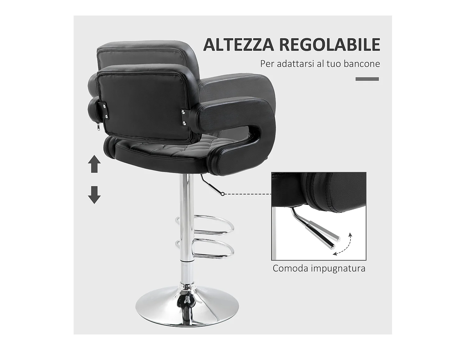 Sgabello da bar con braccioli e schienale in finta pelle nera