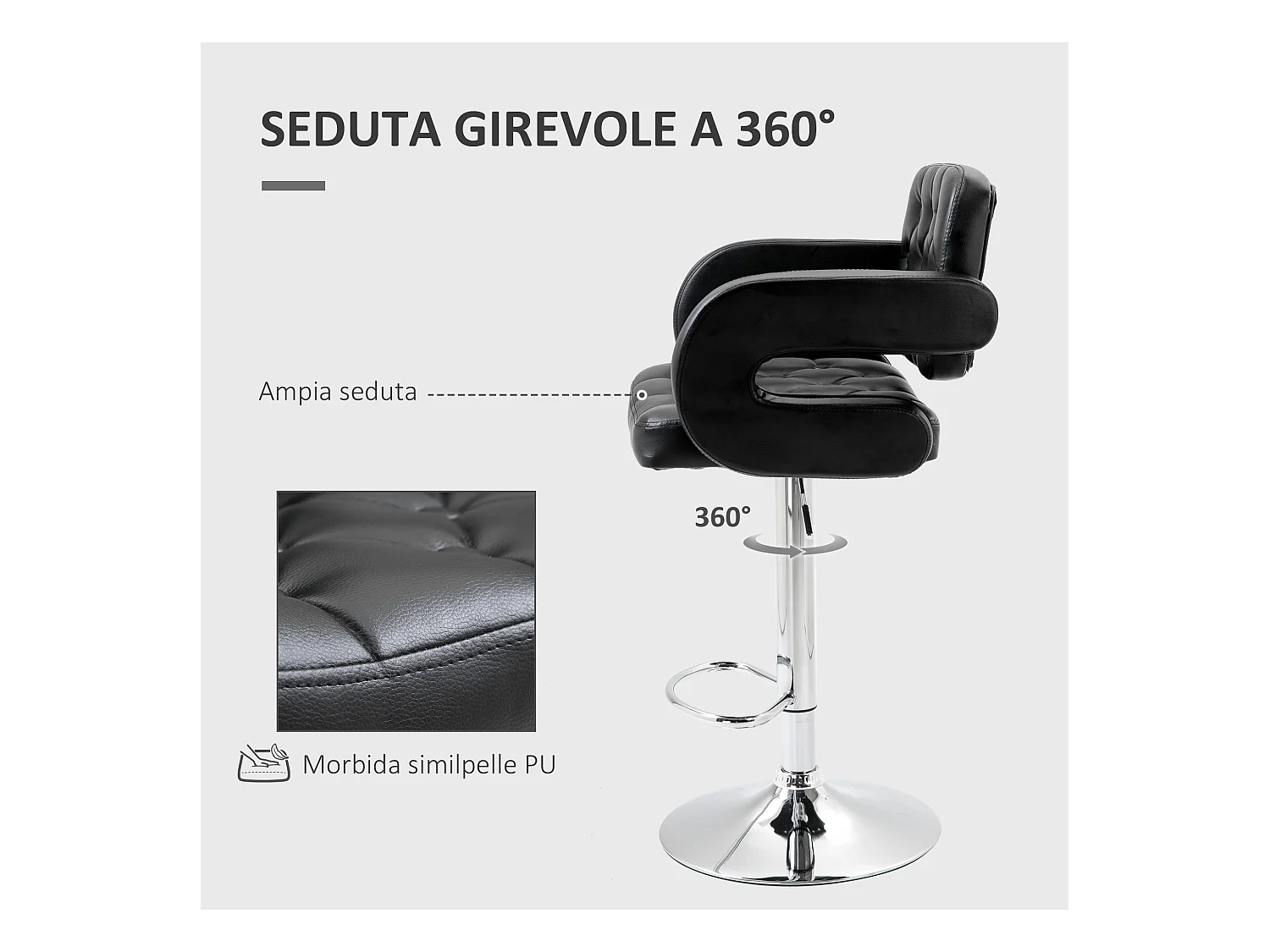 Sgabello da bar con braccioli e schienale in finta pelle nera