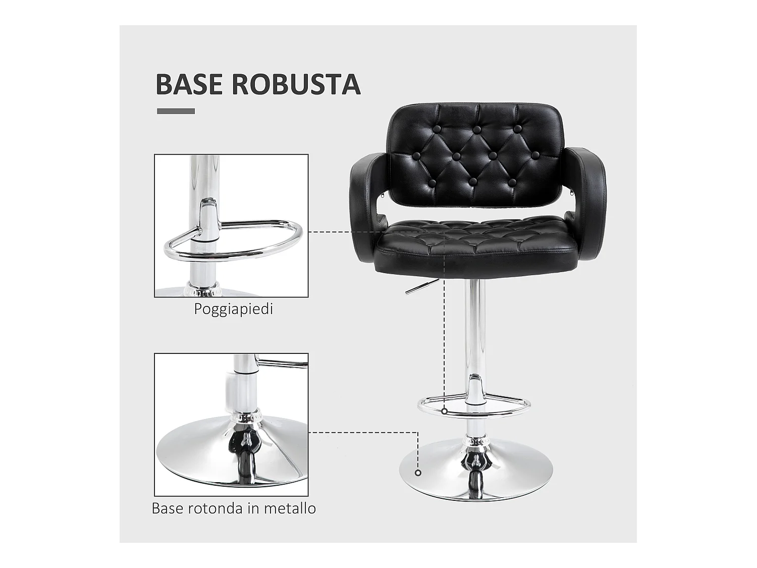 Sgabello da bar con braccioli e schienale in finta pelle nera