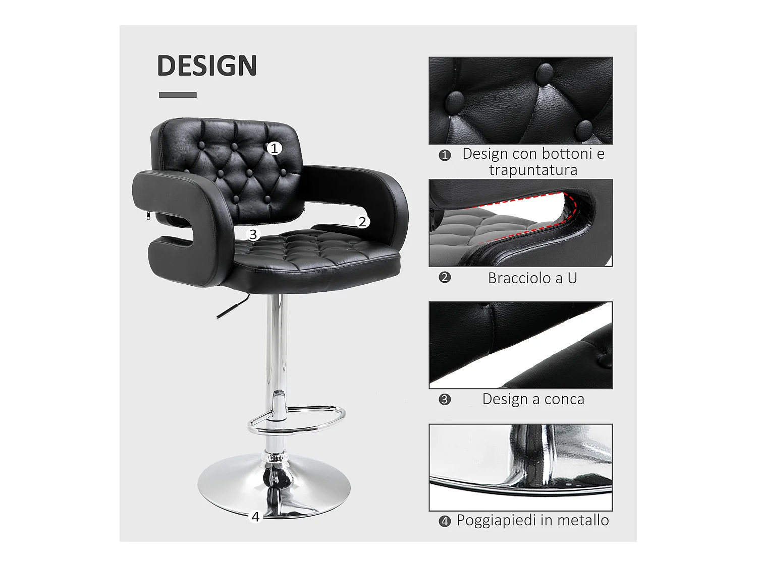 Sgabello da bar con braccioli e schienale in finta pelle nera