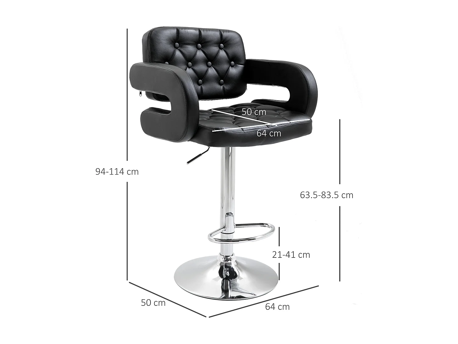 Sgabello da bar con braccioli e schienale in finta pelle nera