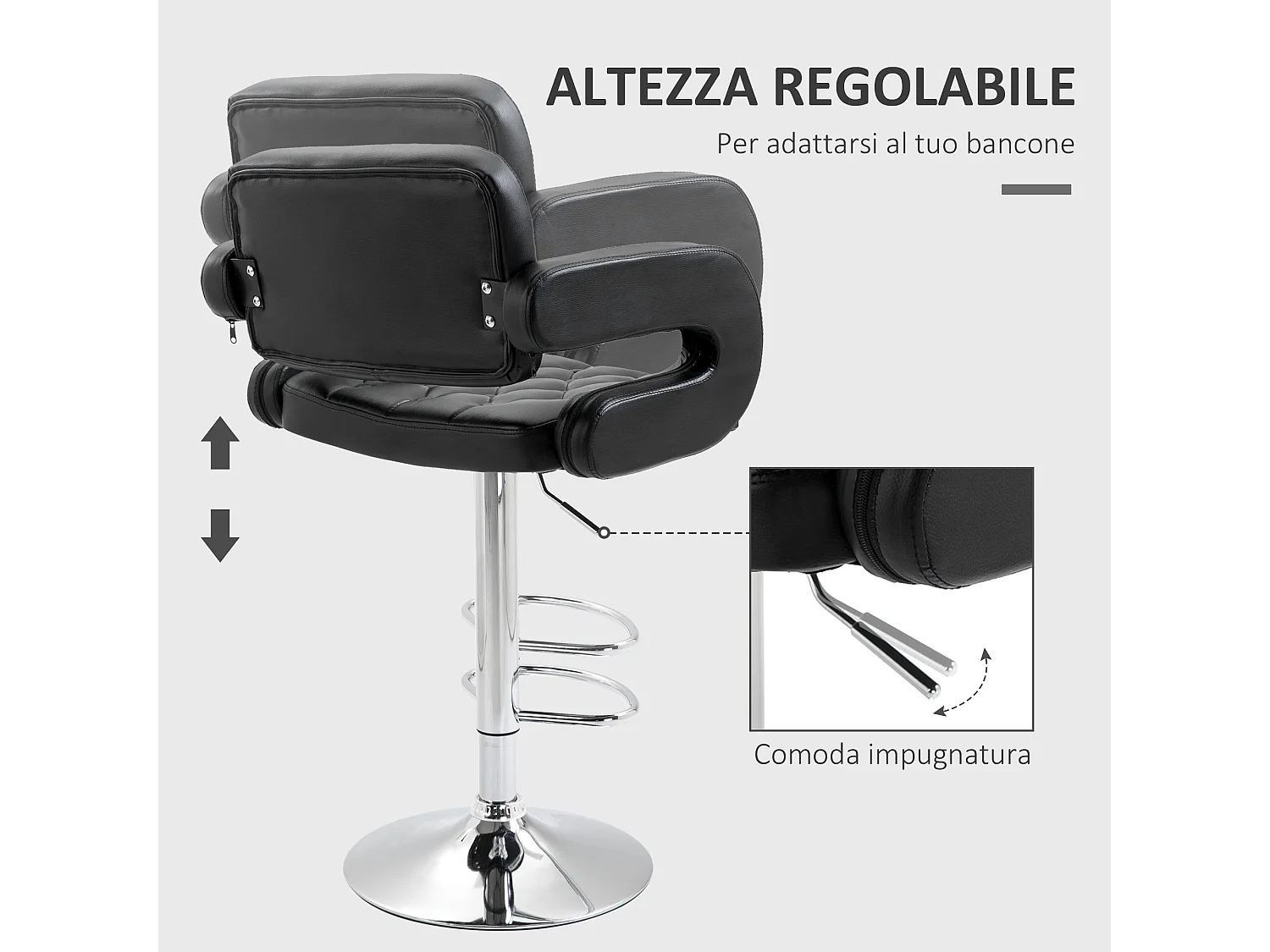 Sgabello da bar con braccioli e schienale in finta pelle nera