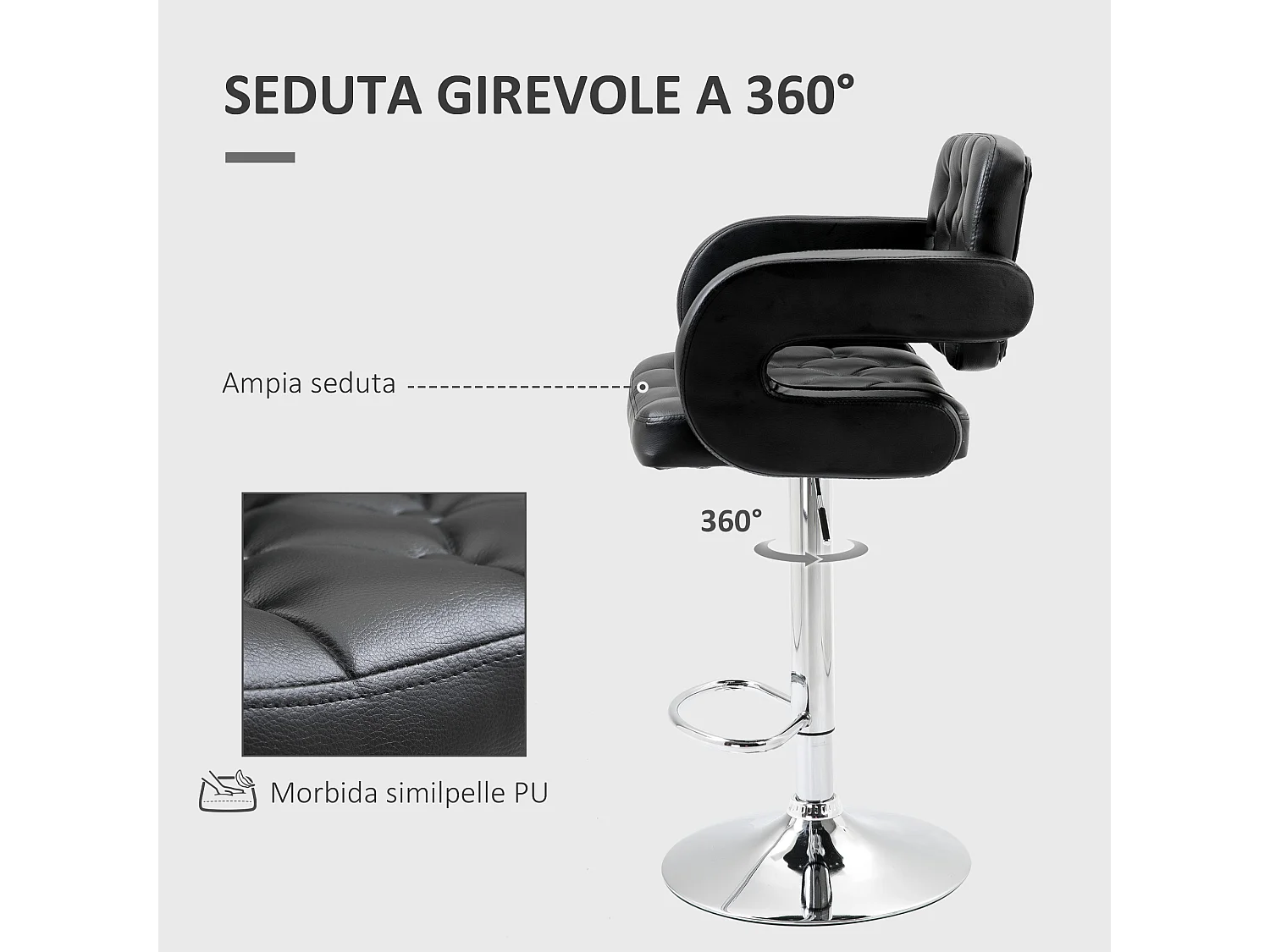 Sgabello da bar con braccioli e schienale in finta pelle nera