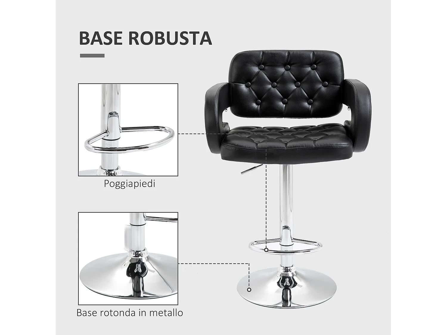 Sgabello da bar con braccioli e schienale in finta pelle nera