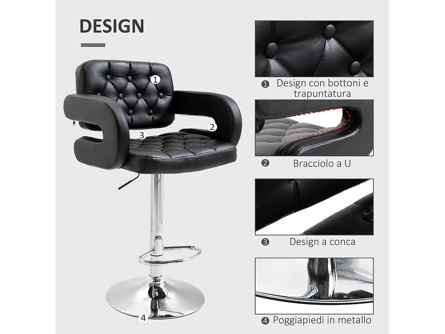 Sgabello da bar con braccioli e schienale in finta pelle nera