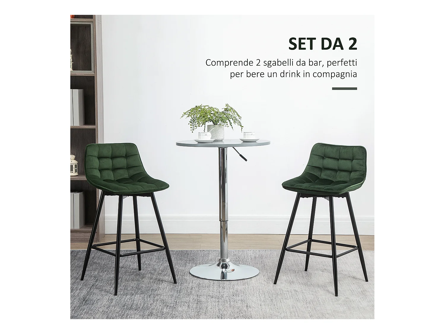 Set 2 sgabelli da bar con schienale e poggiapiedi velluto verde