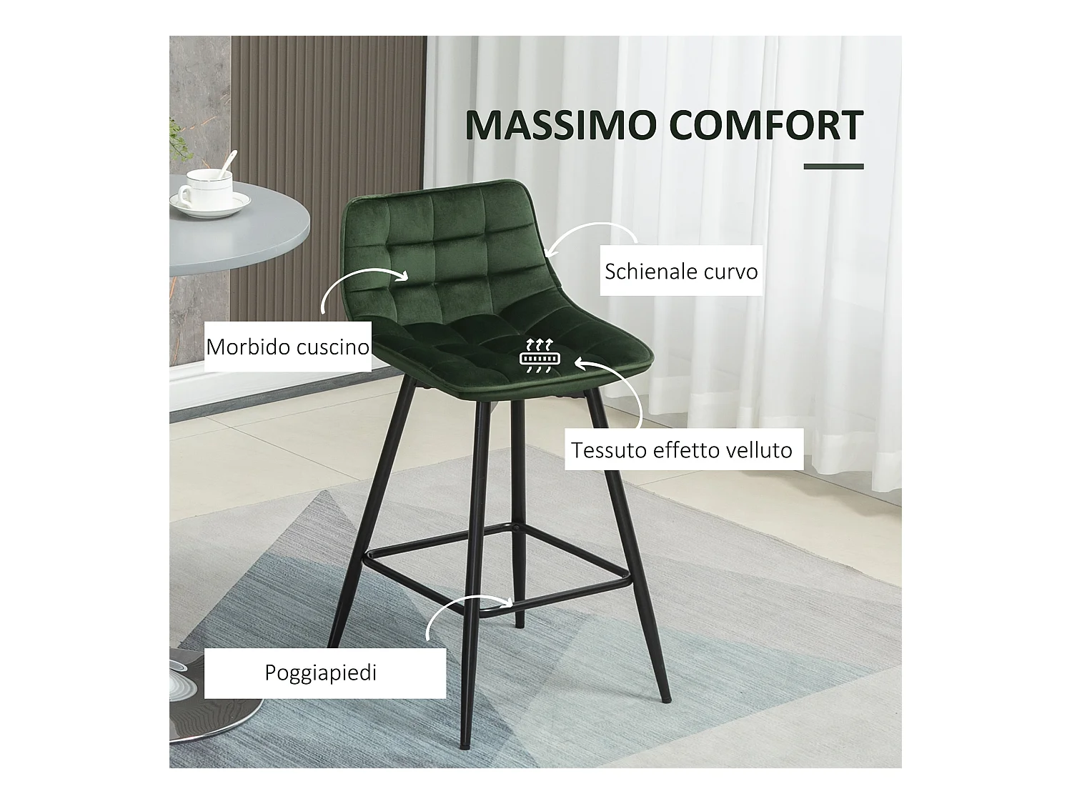 Set 2 sgabelli da bar con schienale e poggiapiedi velluto verde