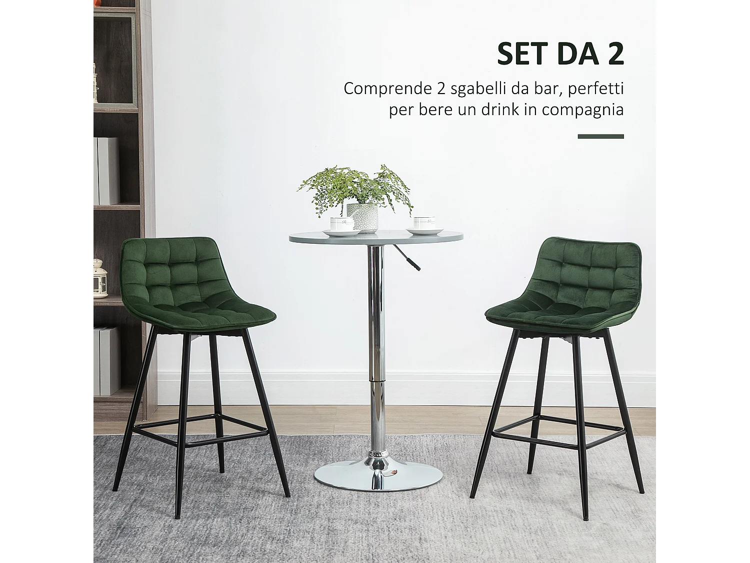 Set 2 sgabelli da bar con schienale e poggiapiedi velluto verde
