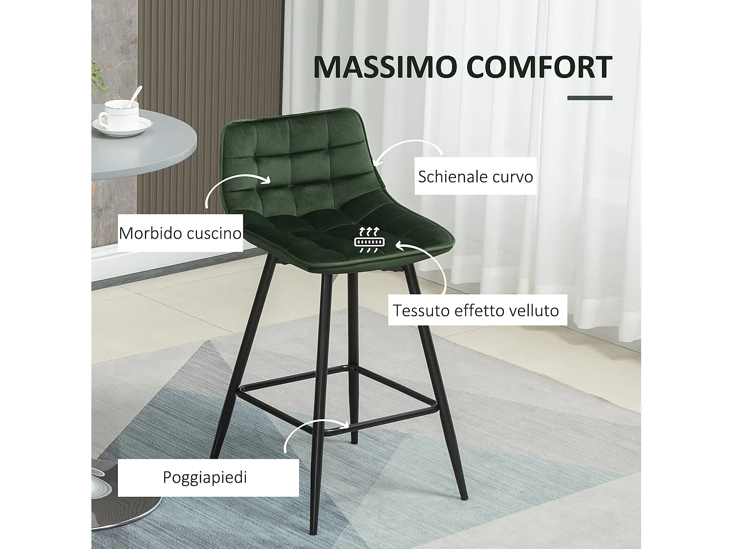 Set 2 sgabelli da bar con schienale e poggiapiedi velluto verde