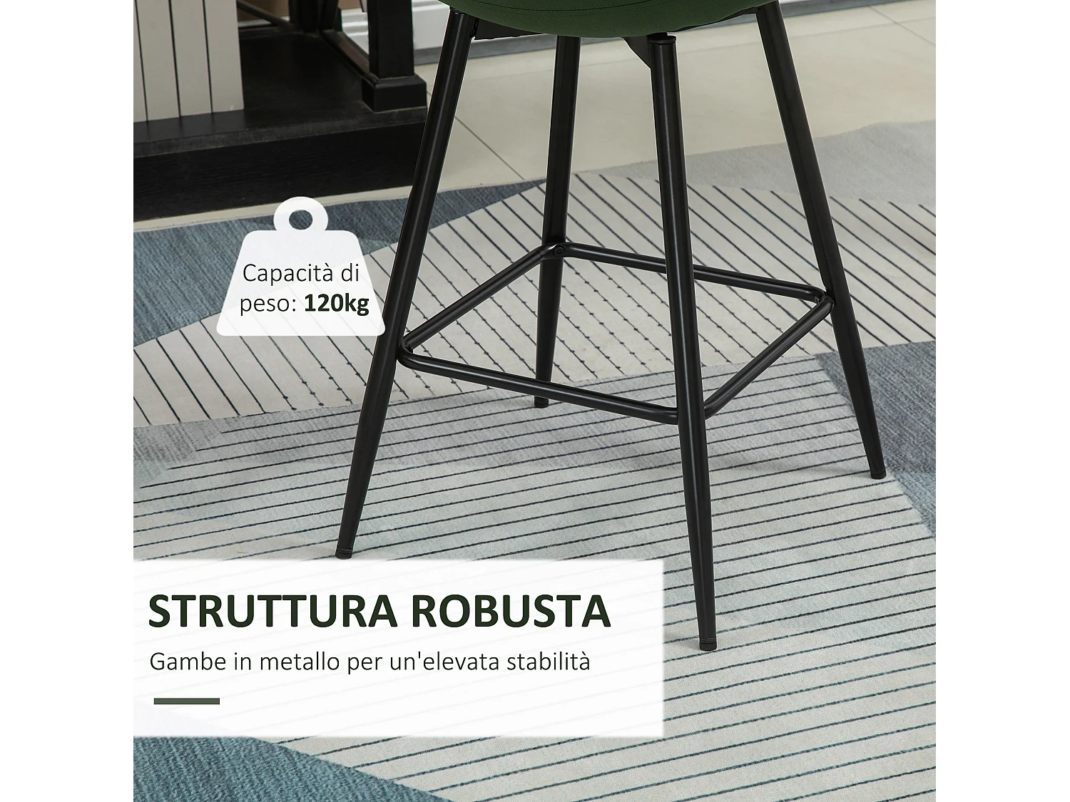 Set 2 sgabelli da bar con schienale e poggiapiedi velluto verde