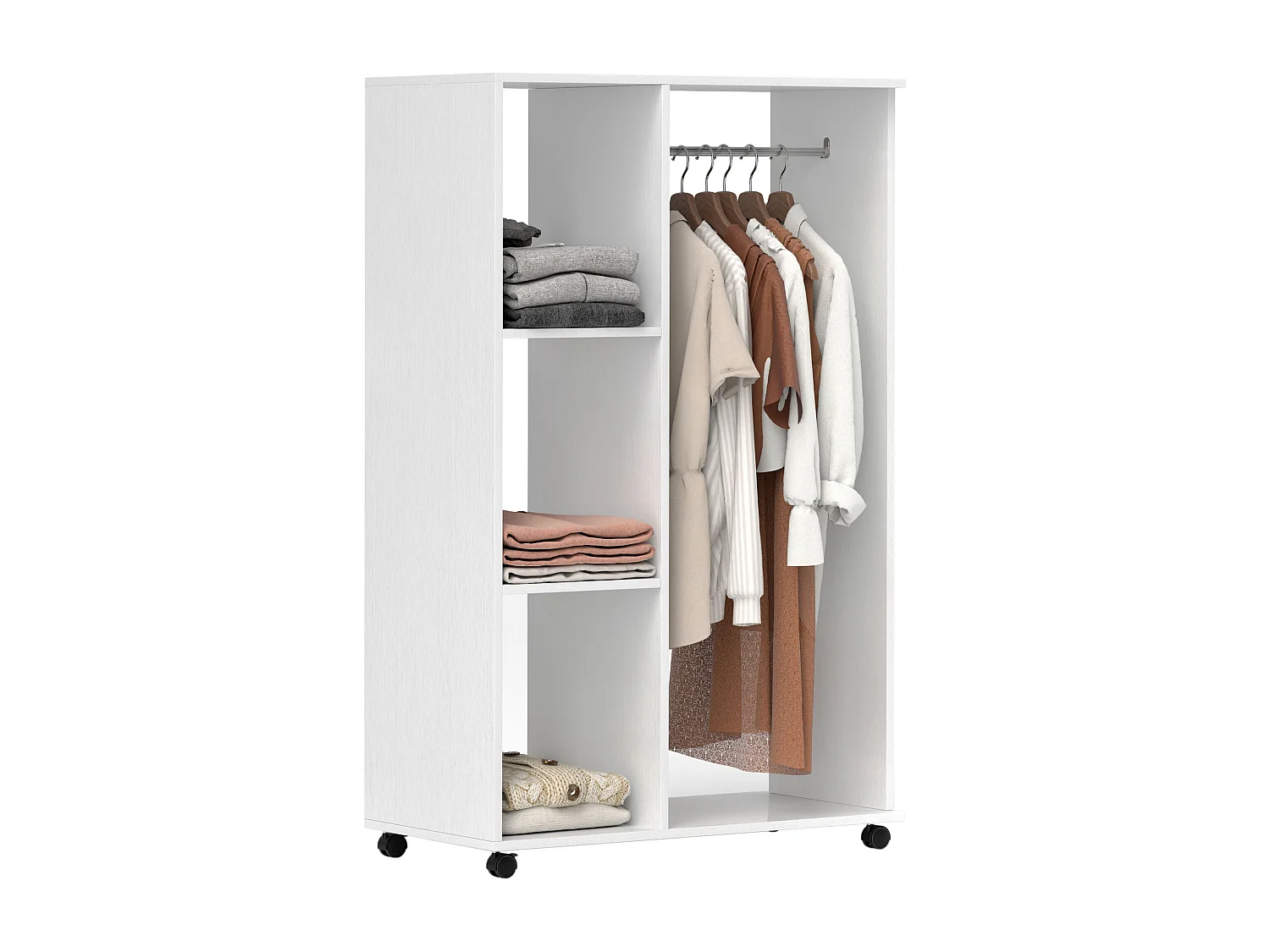 Stand appendiabiti con 3 ripiani attaccapanni e ruote in legno