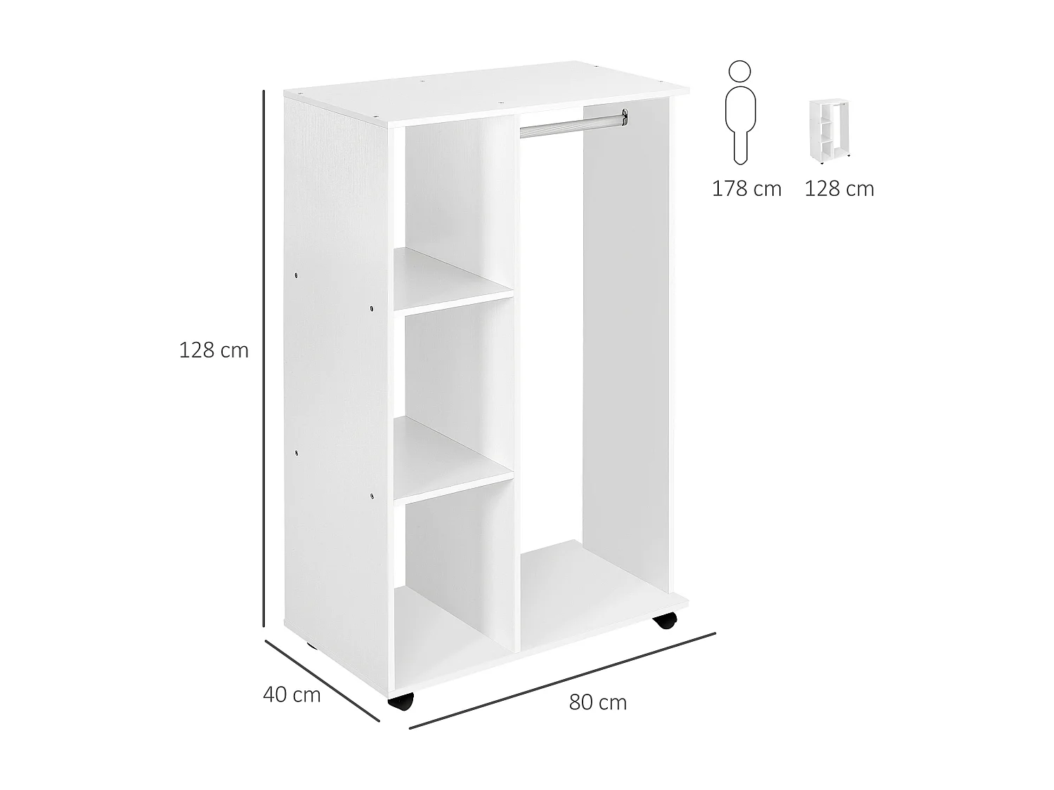 Stand appendiabiti con 3 ripiani attaccapanni e ruote in legno