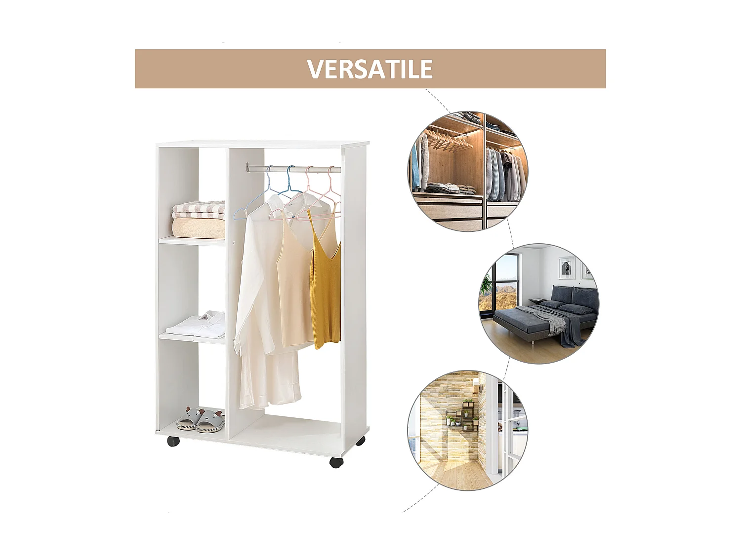 Stand appendiabiti con 3 ripiani attaccapanni e ruote in legno