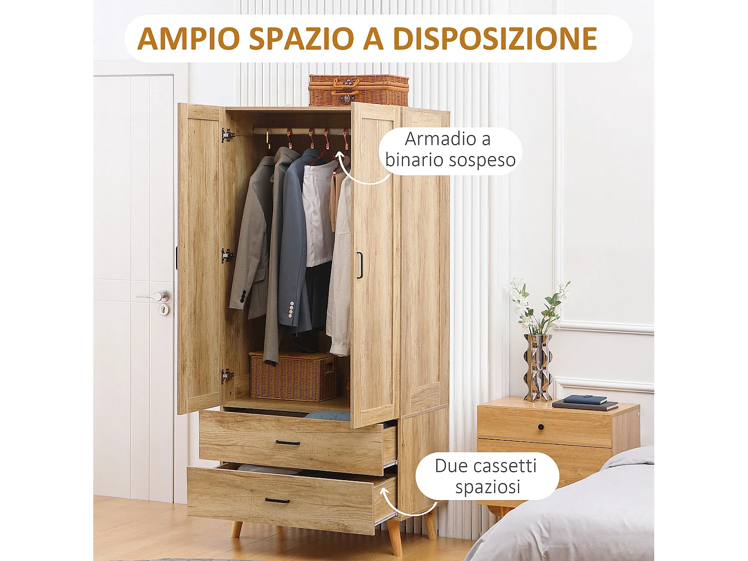 Armadio 2 ante con 2 cassetti asta appendiabiti in legno