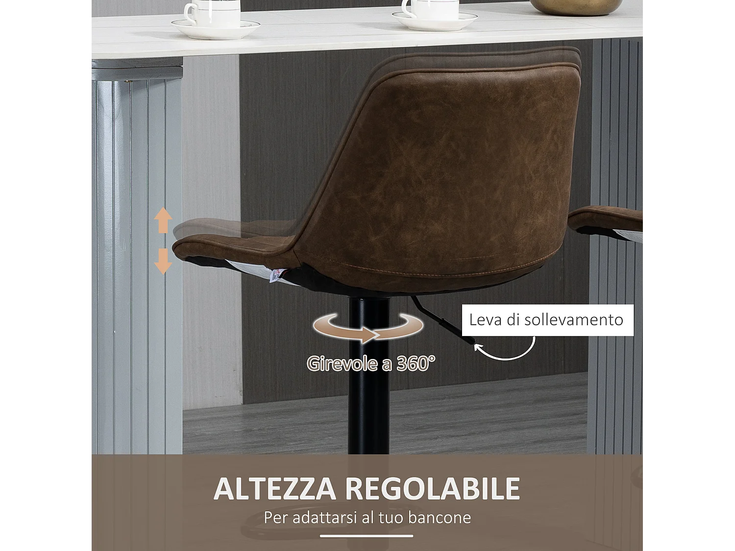 Set 2 sgabelli bar girevoli con altezza regolabile finta pelle marrone