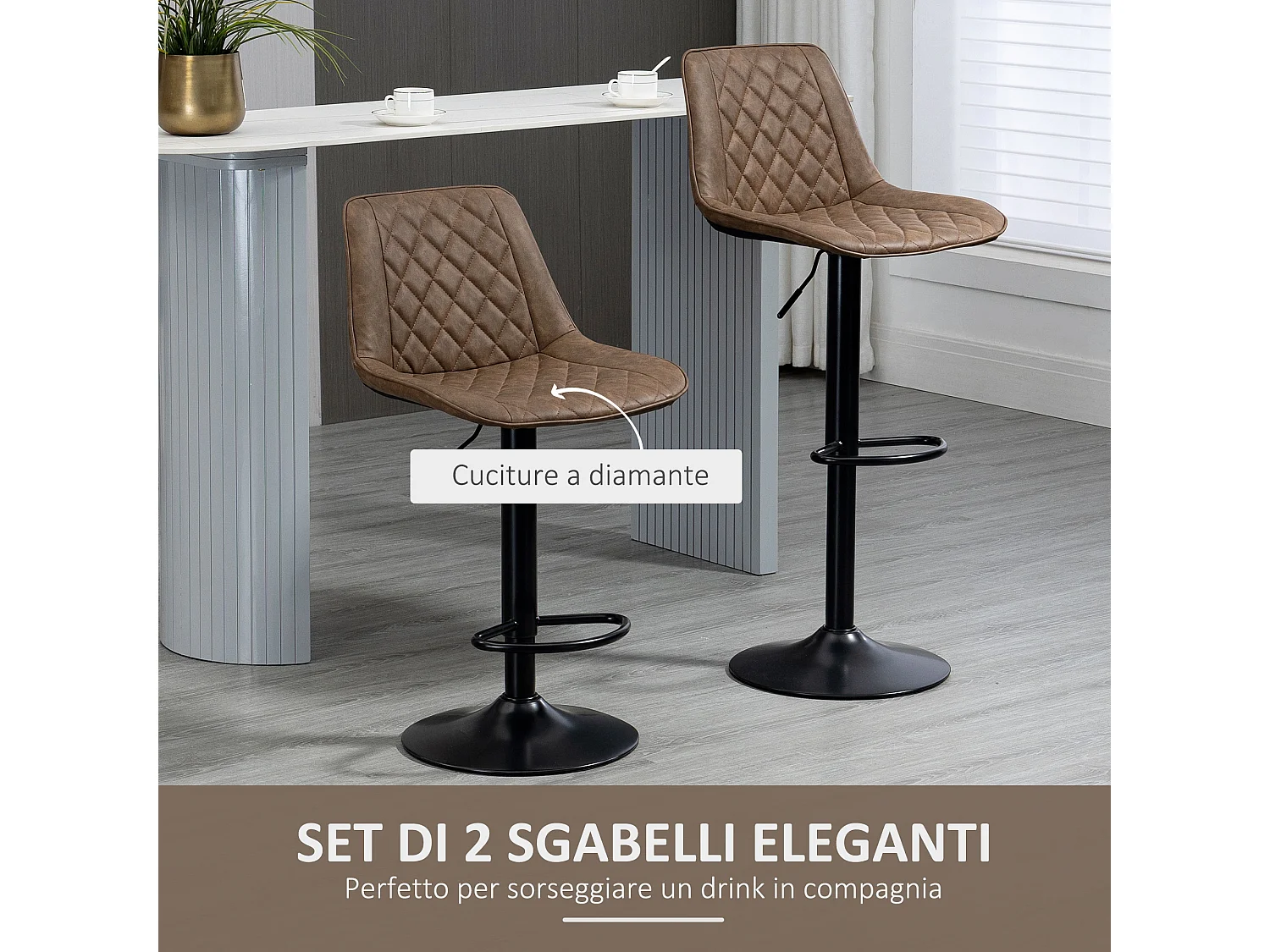 Set 2 sgabelli bar girevoli con altezza regolabile finta pelle marrone