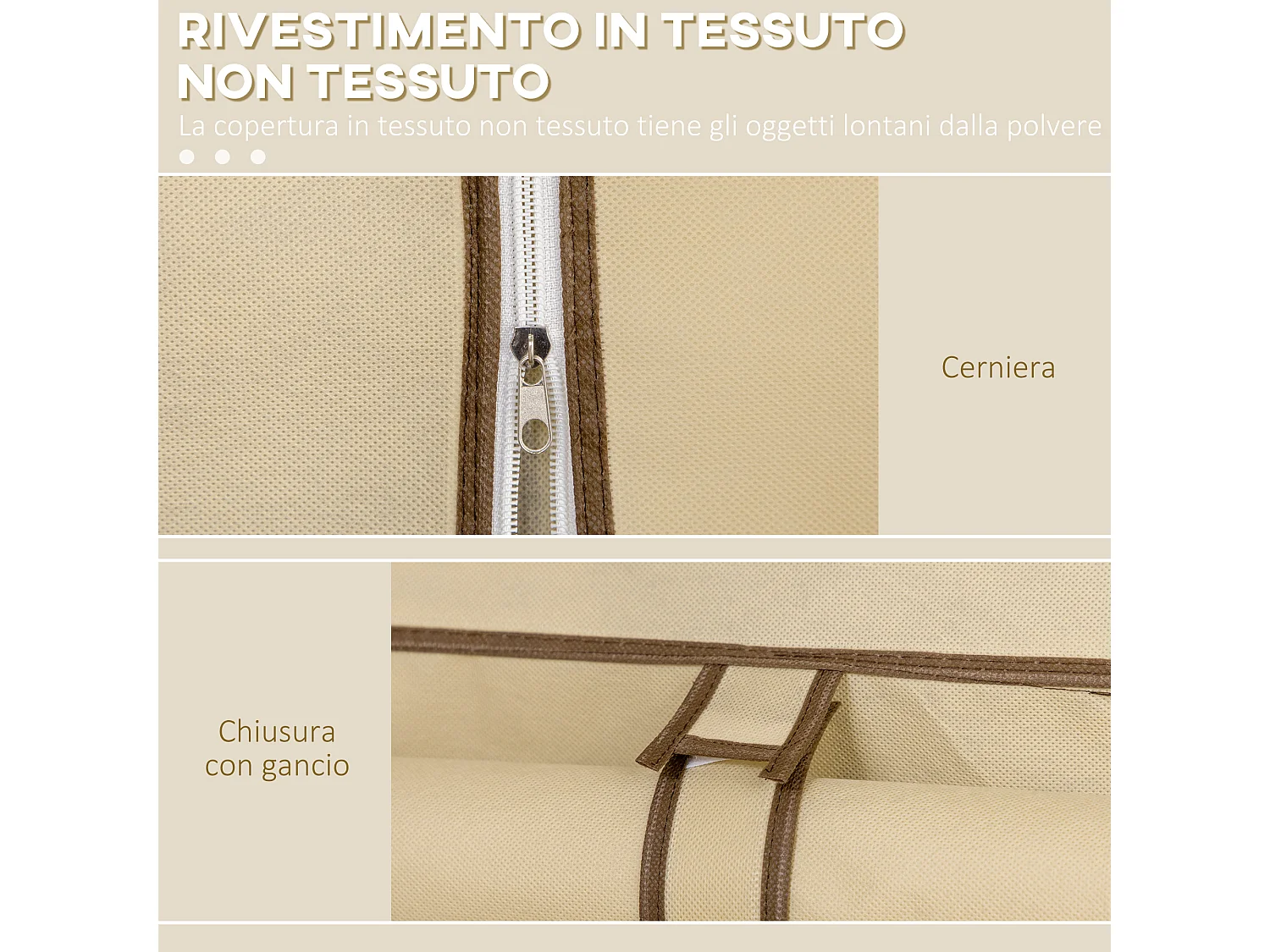 Armadio in tessuto 8 ripiani 2 barre e porta avvolgibile beige