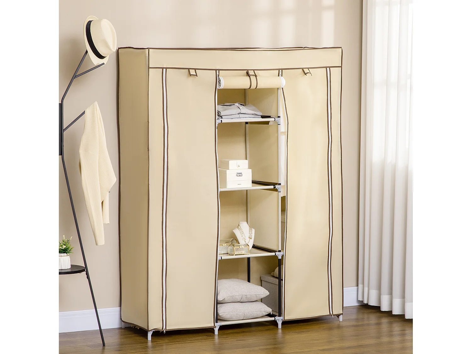 Armadio in tessuto 8 ripiani 2 barre e porta avvolgibile beige