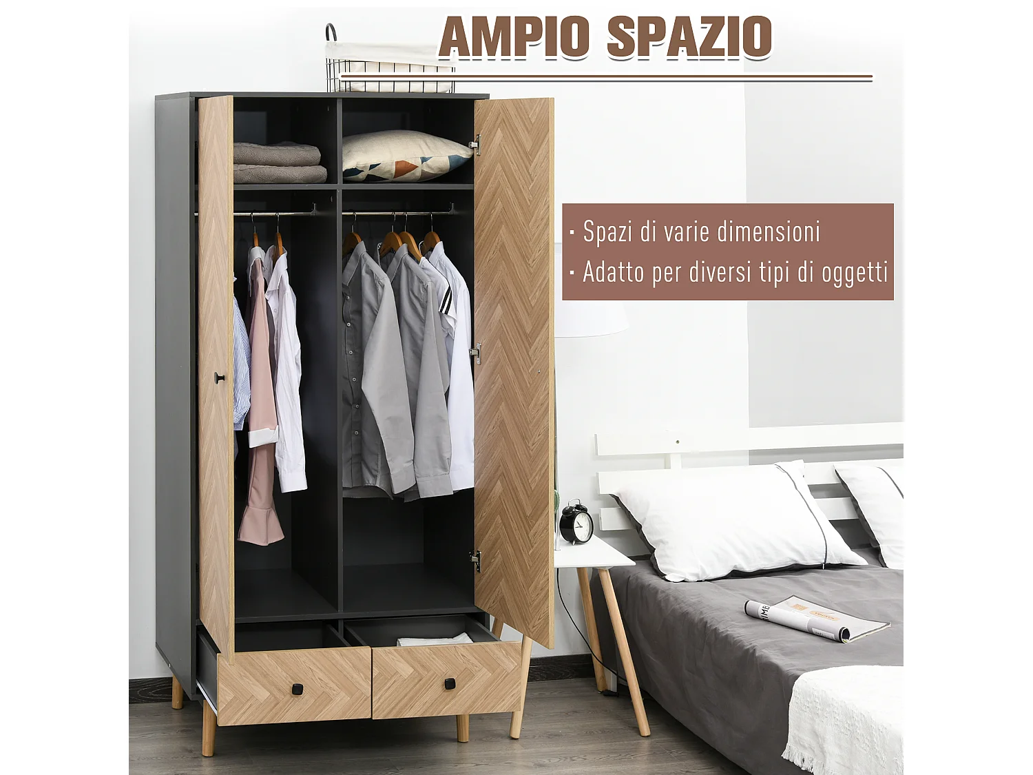 Armadio 2 ante con 4 ripiani 2 cassetti e appendiabiti grigio scuro