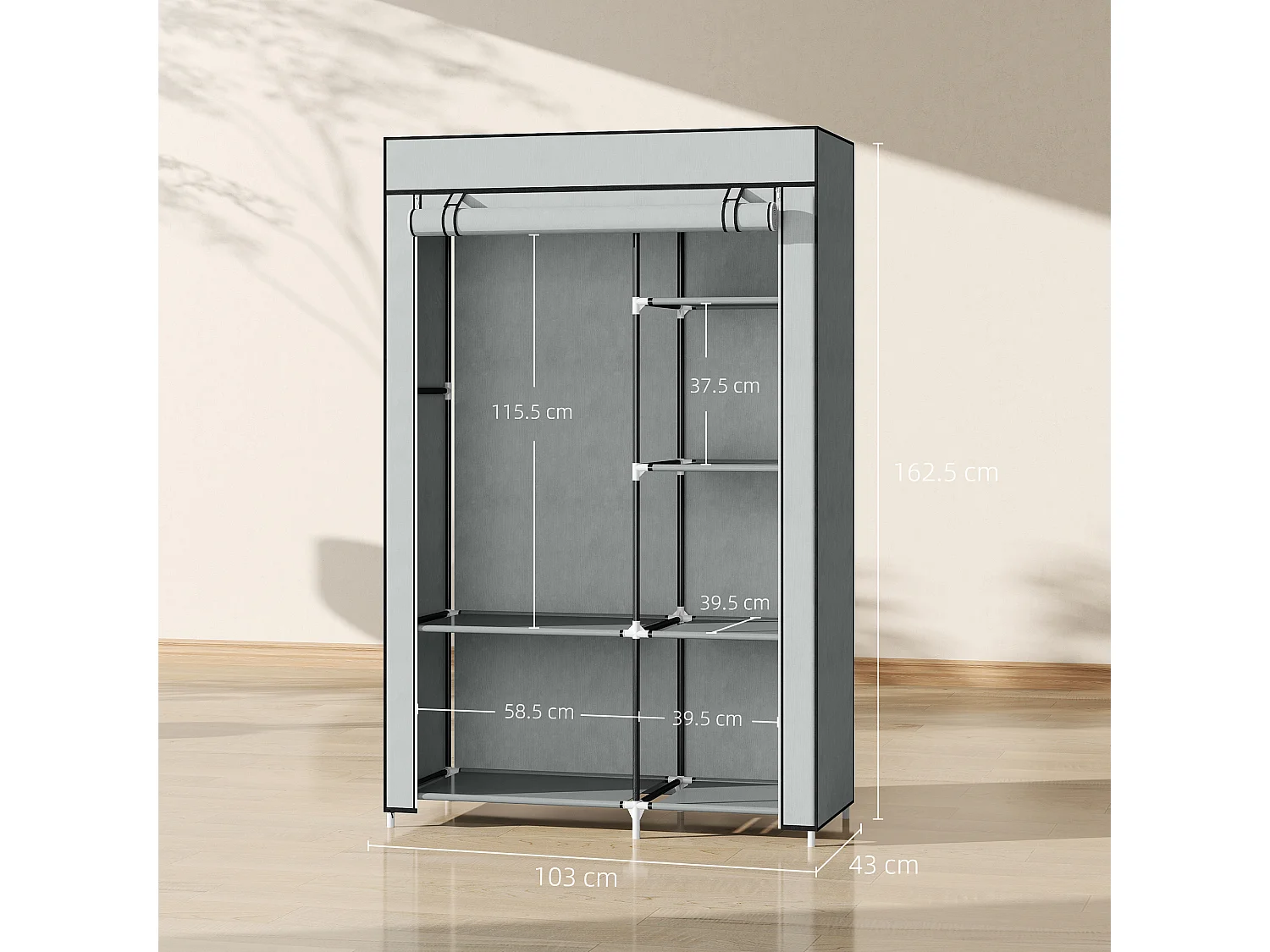 Armadio guardaroba portatile con 6 ripiani e 1 appendino grigio