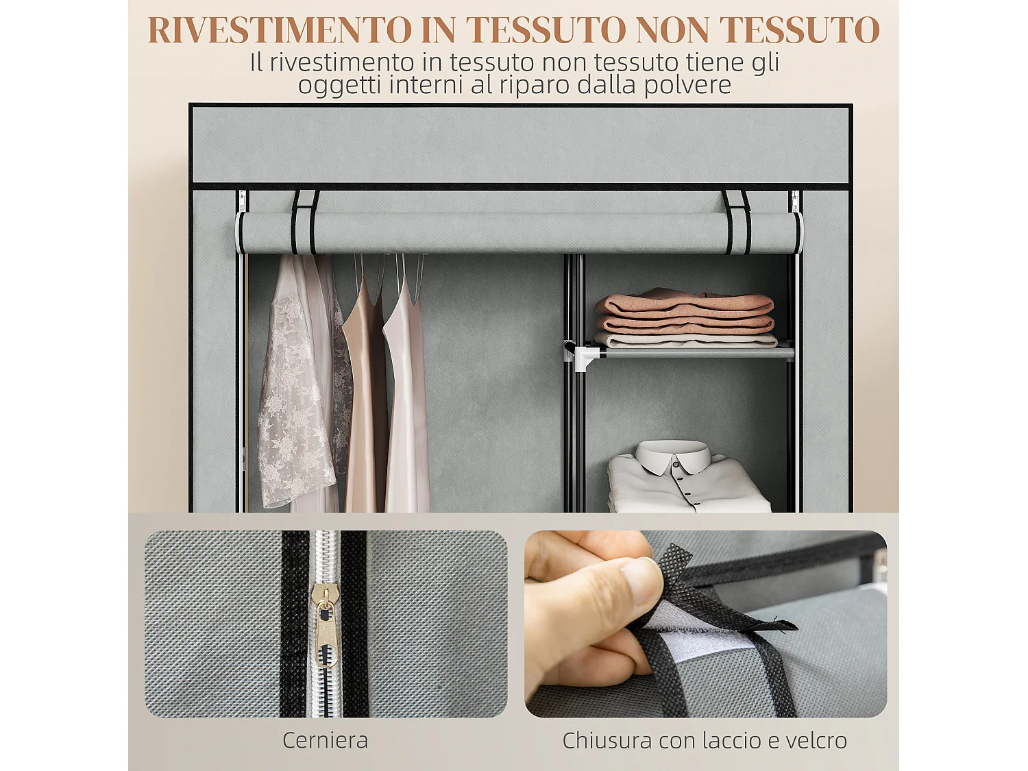 Armadio guardaroba portatile con 6 ripiani e 1 appendino grigio