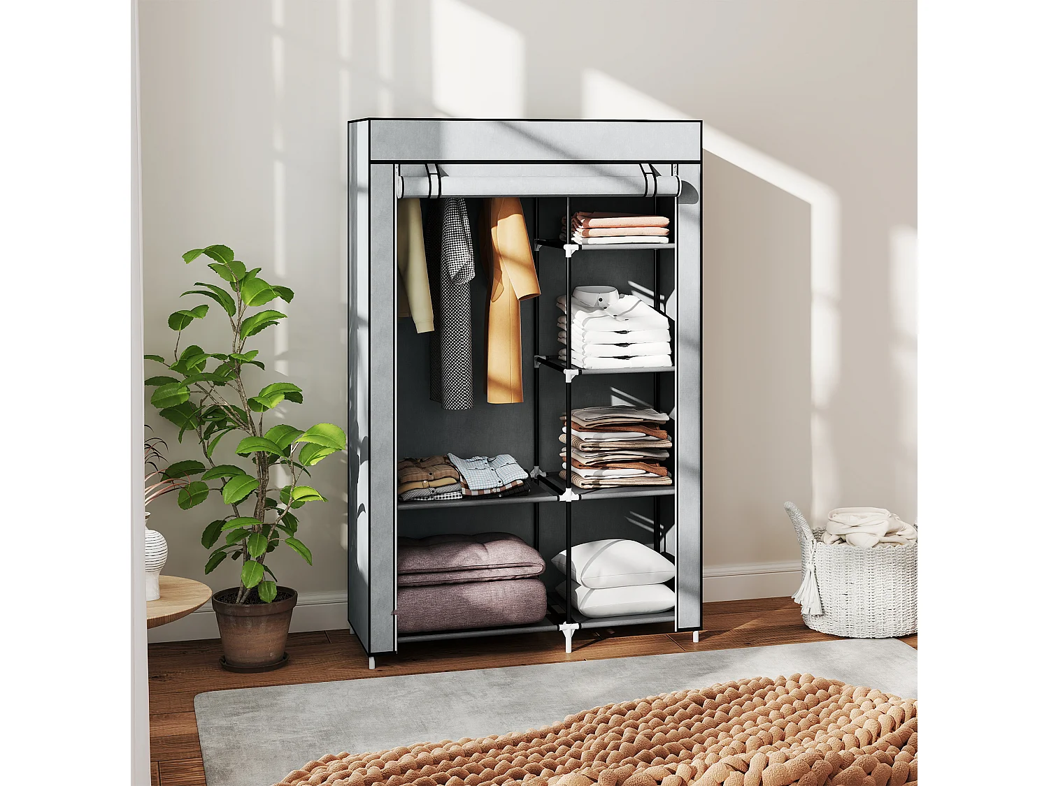 Armadio guardaroba portatile con 6 ripiani e 1 appendino grigio
