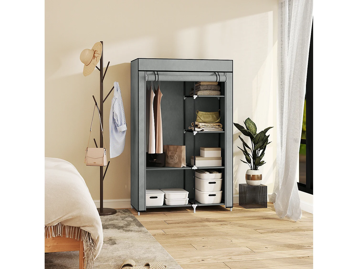 Armadio guardaroba portatile con 6 ripiani e 1 appendino grigio