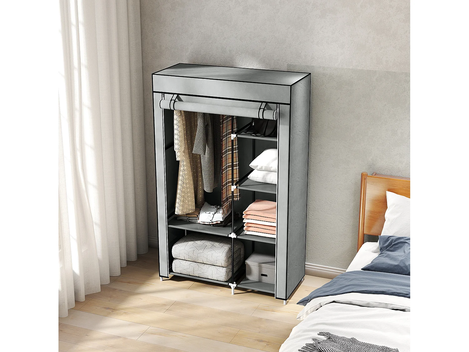 Armadio guardaroba portatile con 6 ripiani e 1 appendino grigio