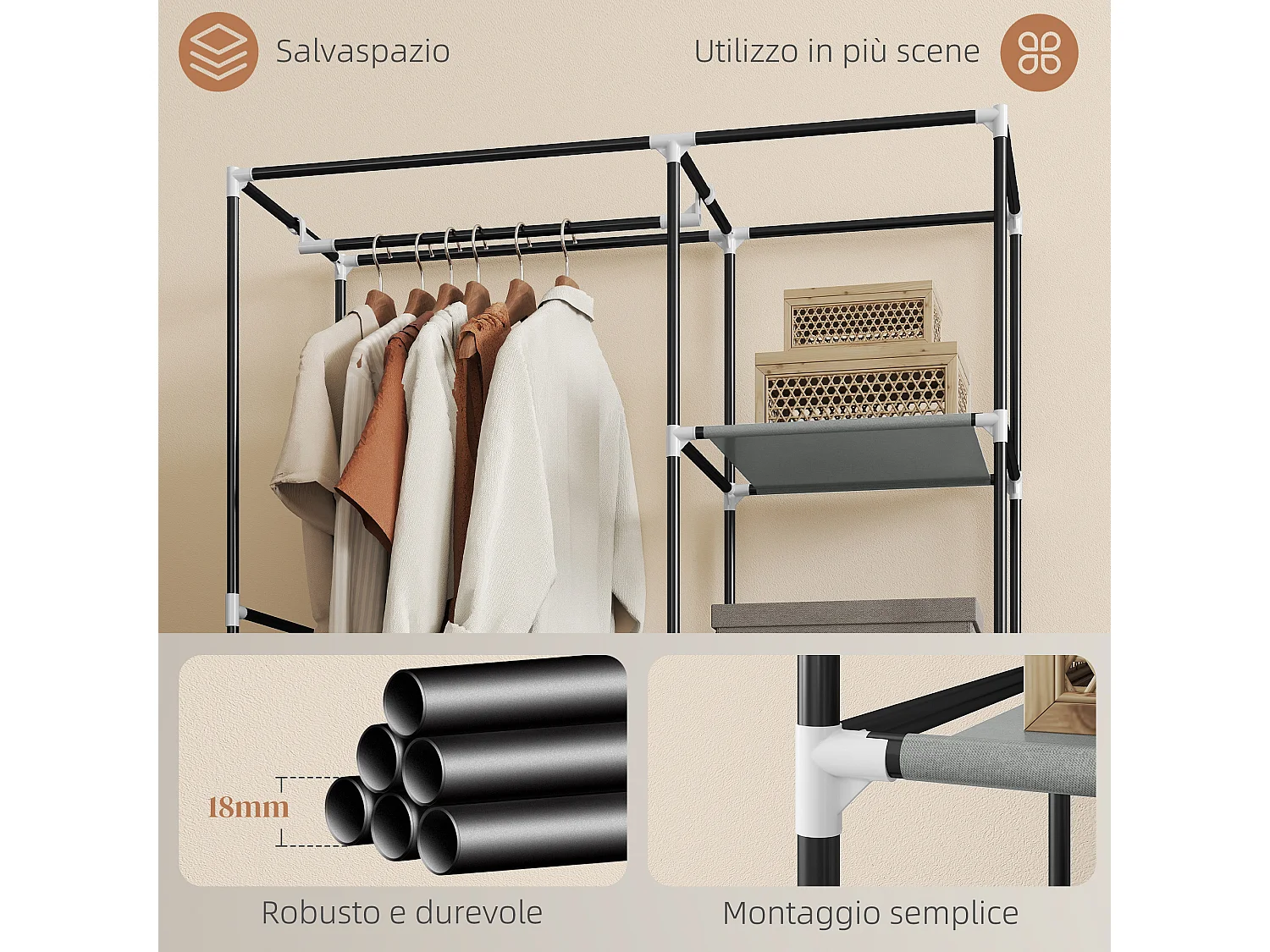 Armadio guardaroba portatile con 6 ripiani e 1 appendino grigio