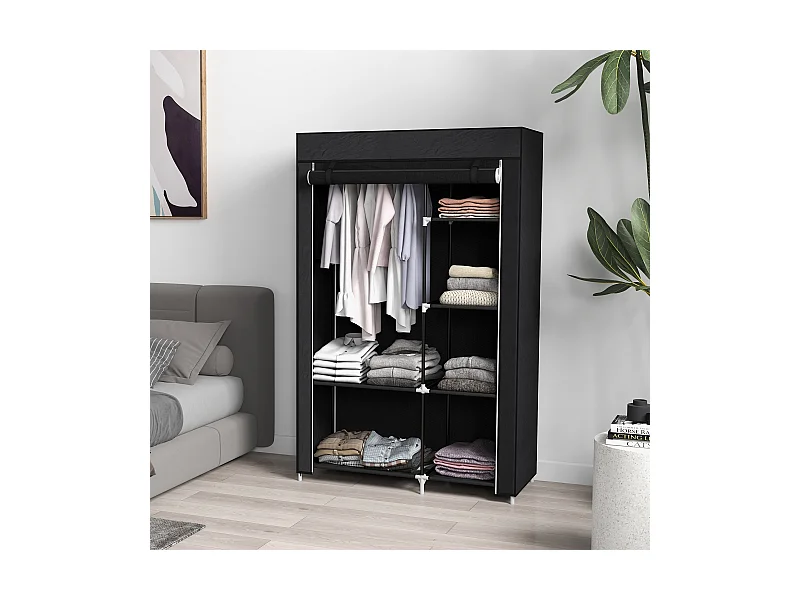Armadio guardaroba portatile con 6 ripiani e barra appendiabiti nero