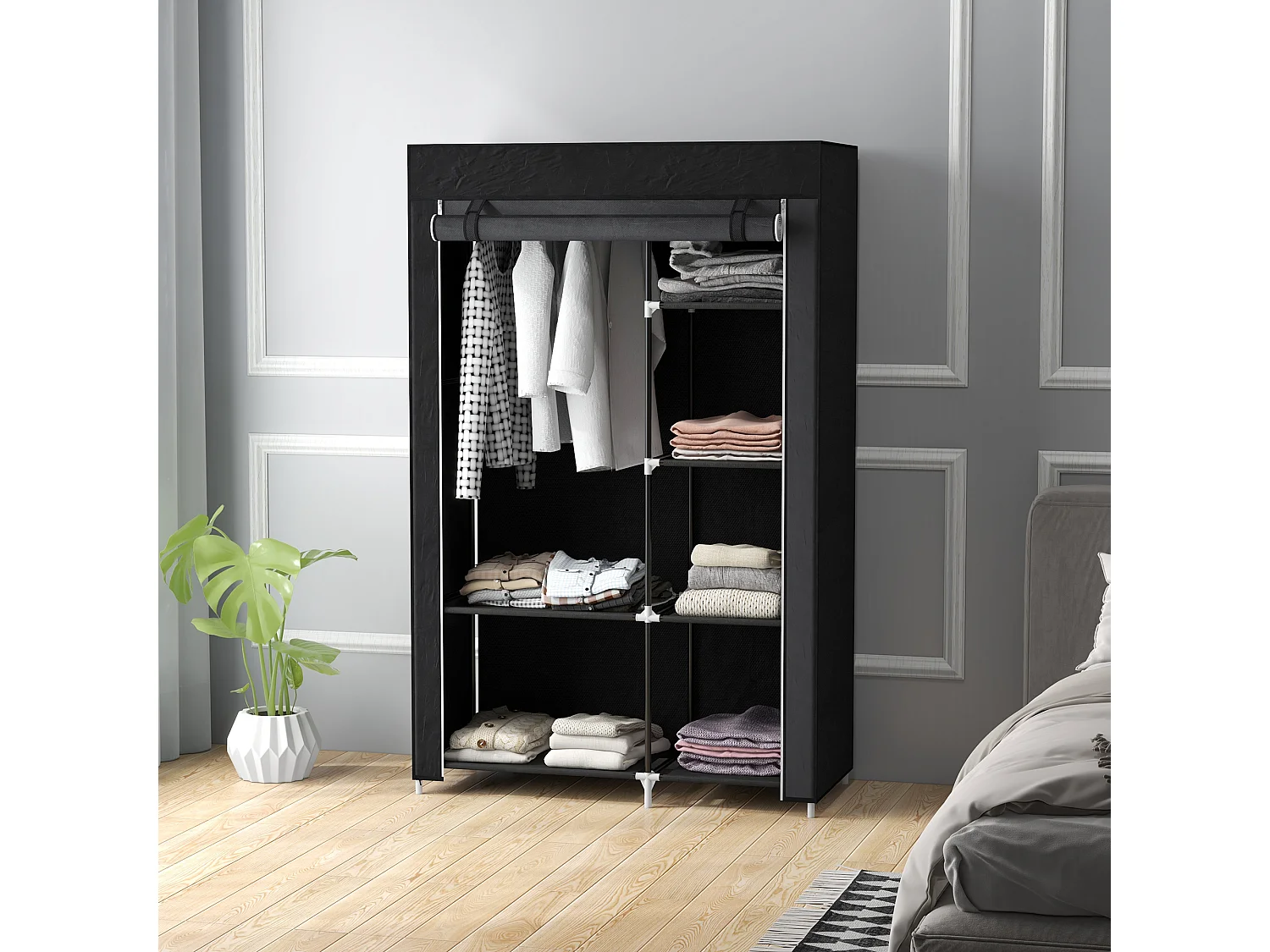 Armadio guardaroba portatile con 6 ripiani e barra appendiabiti nero