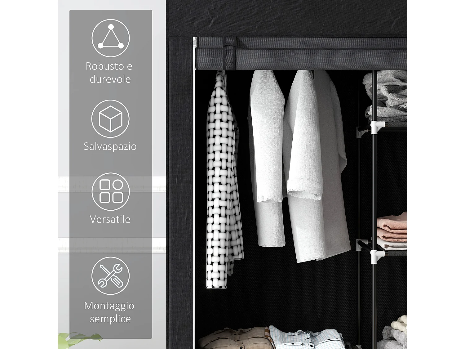 Armadio guardaroba portatile con 6 ripiani e barra appendiabiti nero